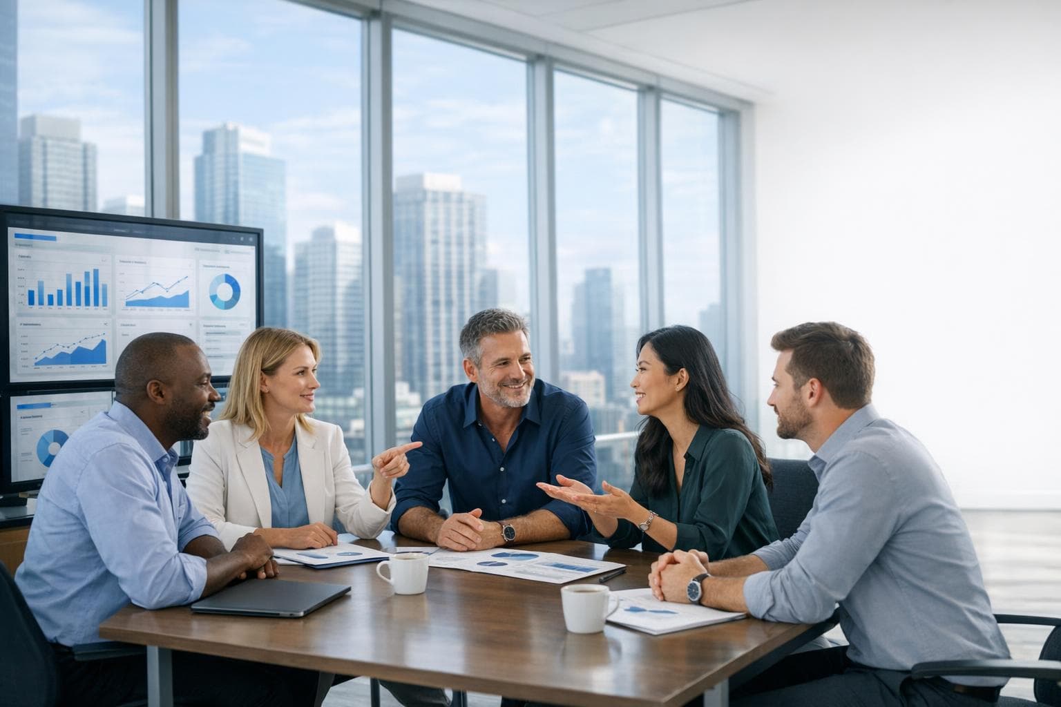 Team collaborating around dashboard screens in a modern office