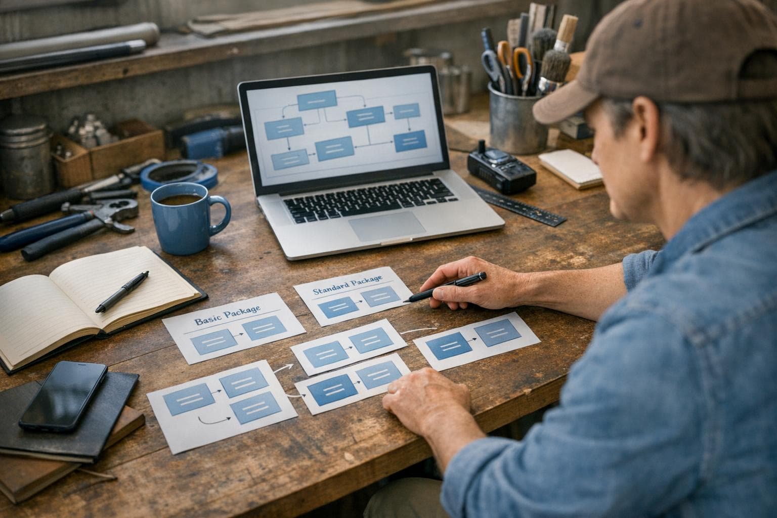 Small-business operator planning service packages at a workbench